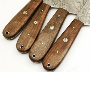 Handmade Damascus Steel Knife Set with Leather Roll, Rosewood Handle Kitchen Collection detail view by JW SteelCrafts