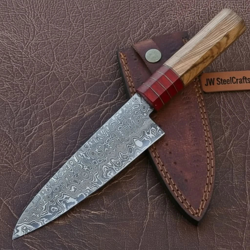 Pattern-Welded Damascus Gyuto 8–9″ Professional Chef Knife with Hybrid French–Japanese Grind by JW SteelCrafts