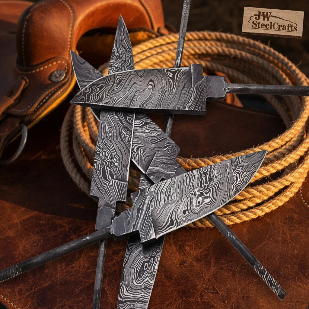5-Piece Hand Forged Damascus Hunting Knife Blanks Set detail view by JW SteelCrafts