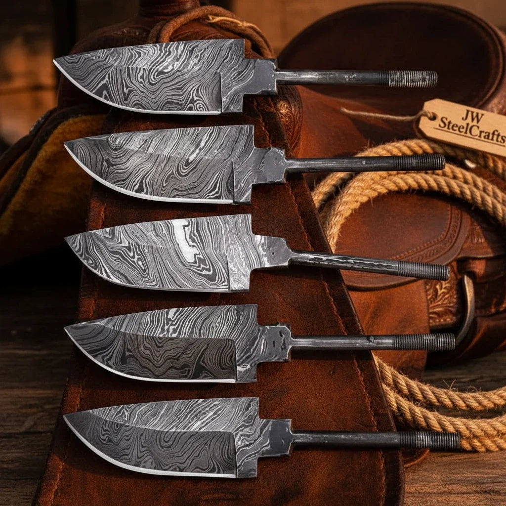 5-Piece Hand Forged Damascus Hunting Knife Blanks Set detail view by JW SteelCrafts