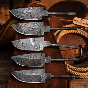 5-Piece Hand Forged Damascus Hunting Knife Blanks Set detail view by JW SteelCrafts