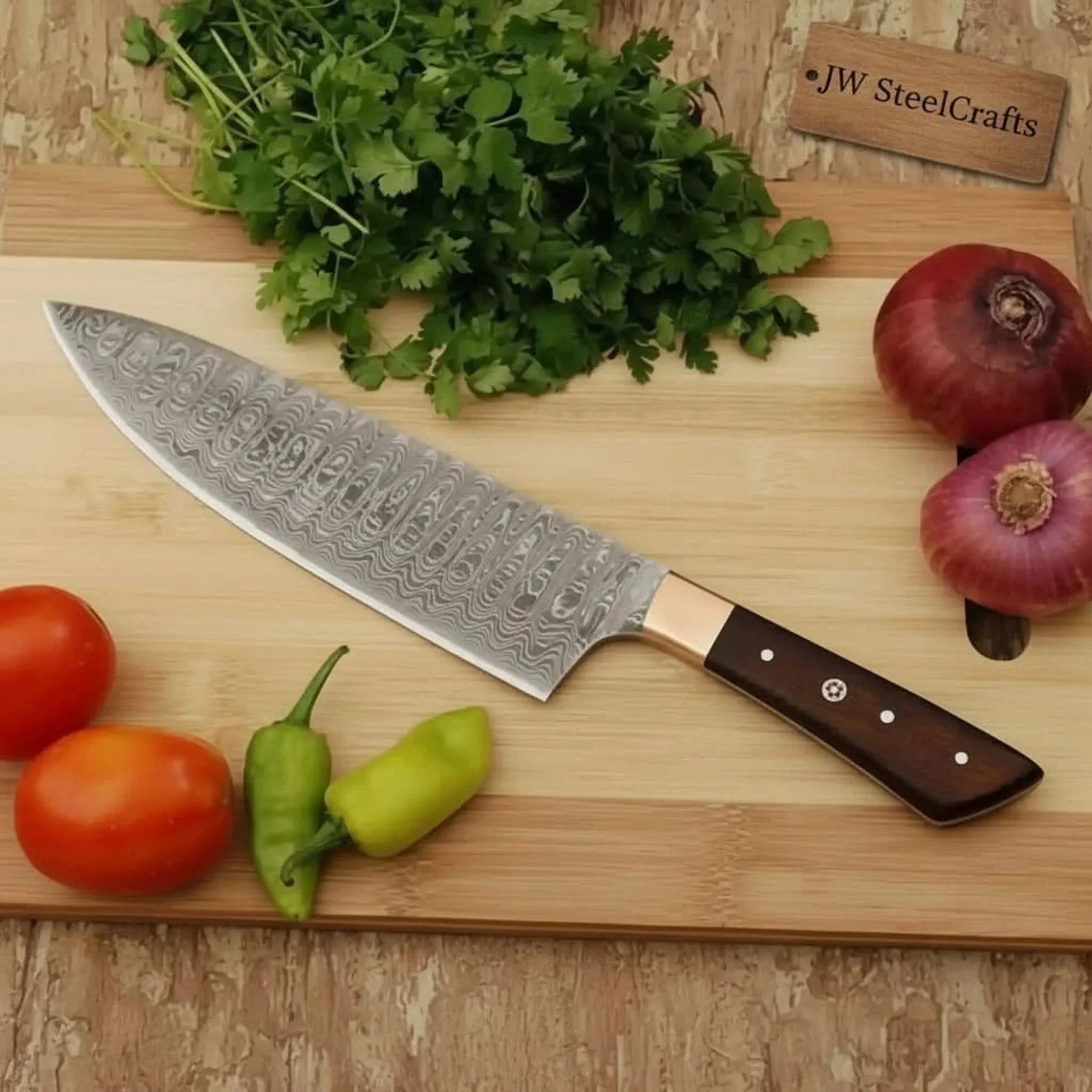 Pattern-Welded Damascus Japanese Gyuto 8-Inch Chef Knife by JW SteelCrafts