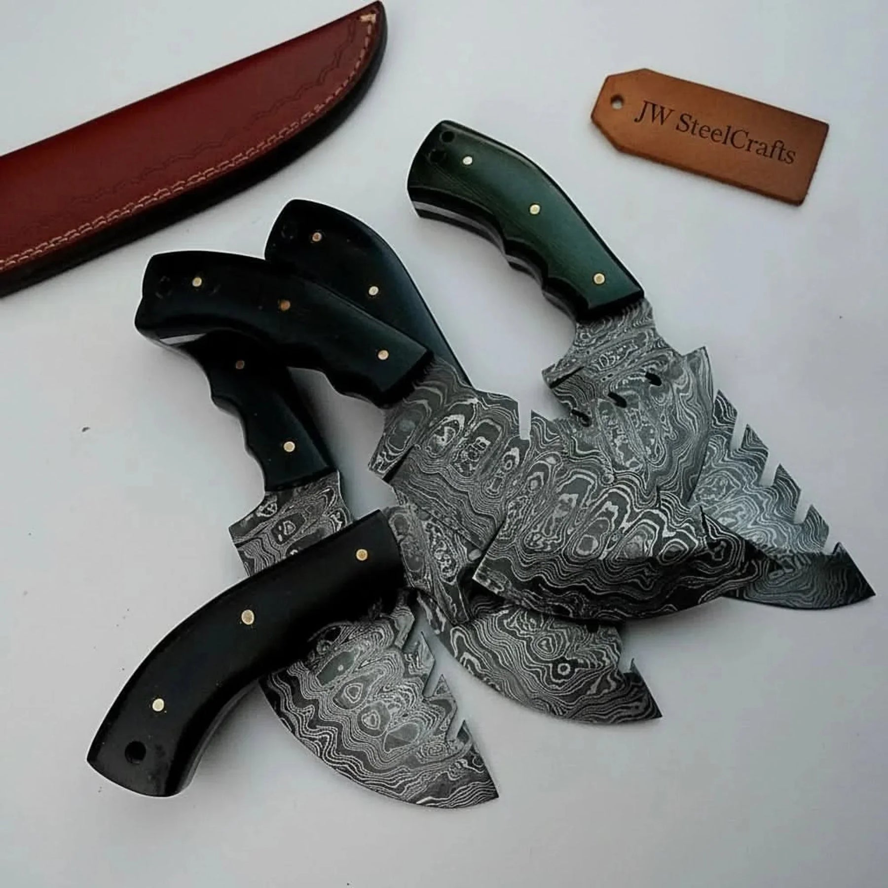 Custom Pattern-Welded Damascus Tracker Knives Collection (5 Knives) — Bushcraft & Survival Set by JW SteelCrafts