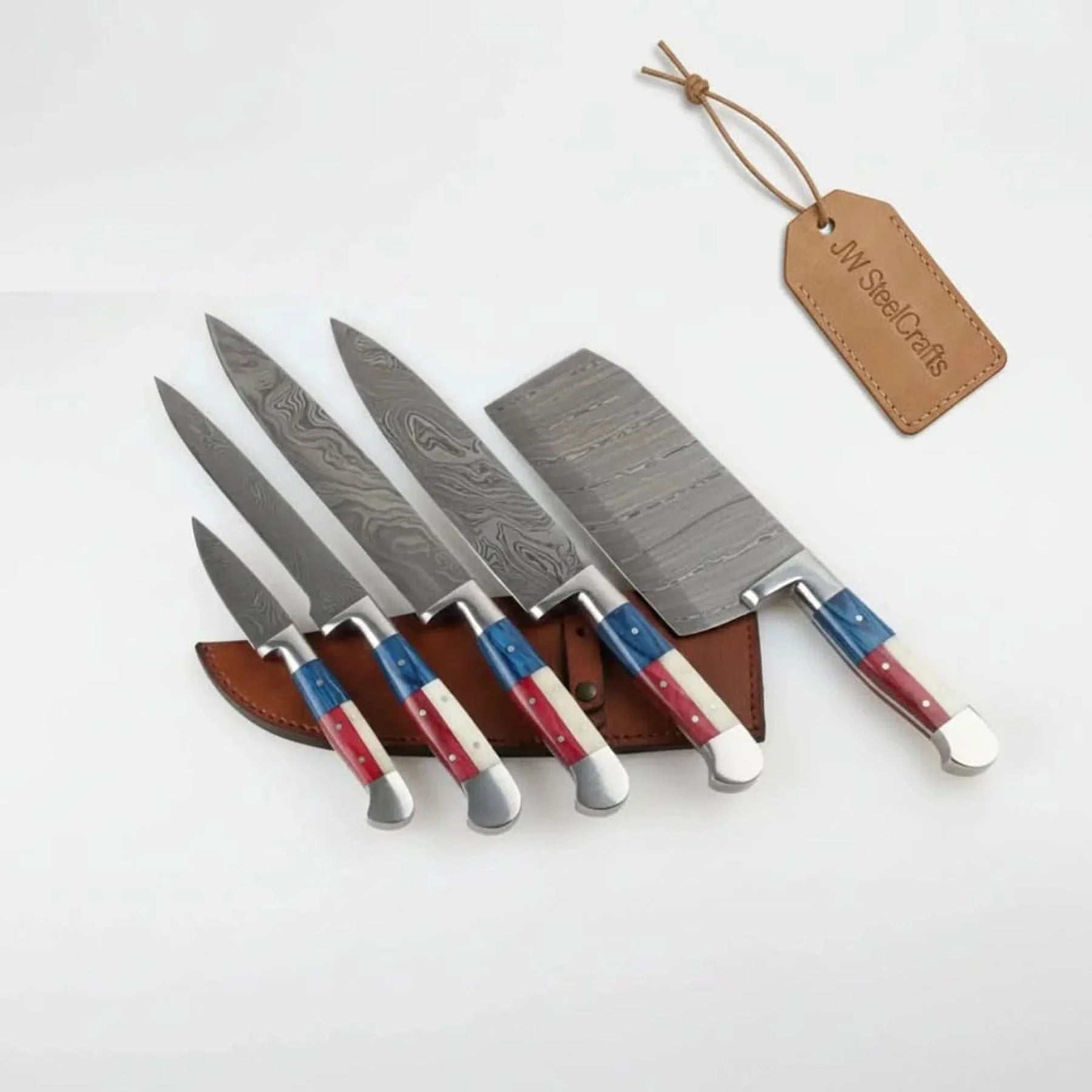 6-Piece Damascus Knife Set with Butcher Cleaver 7 to 13 Inch Blades with Full Tang by JW SteelCrafts