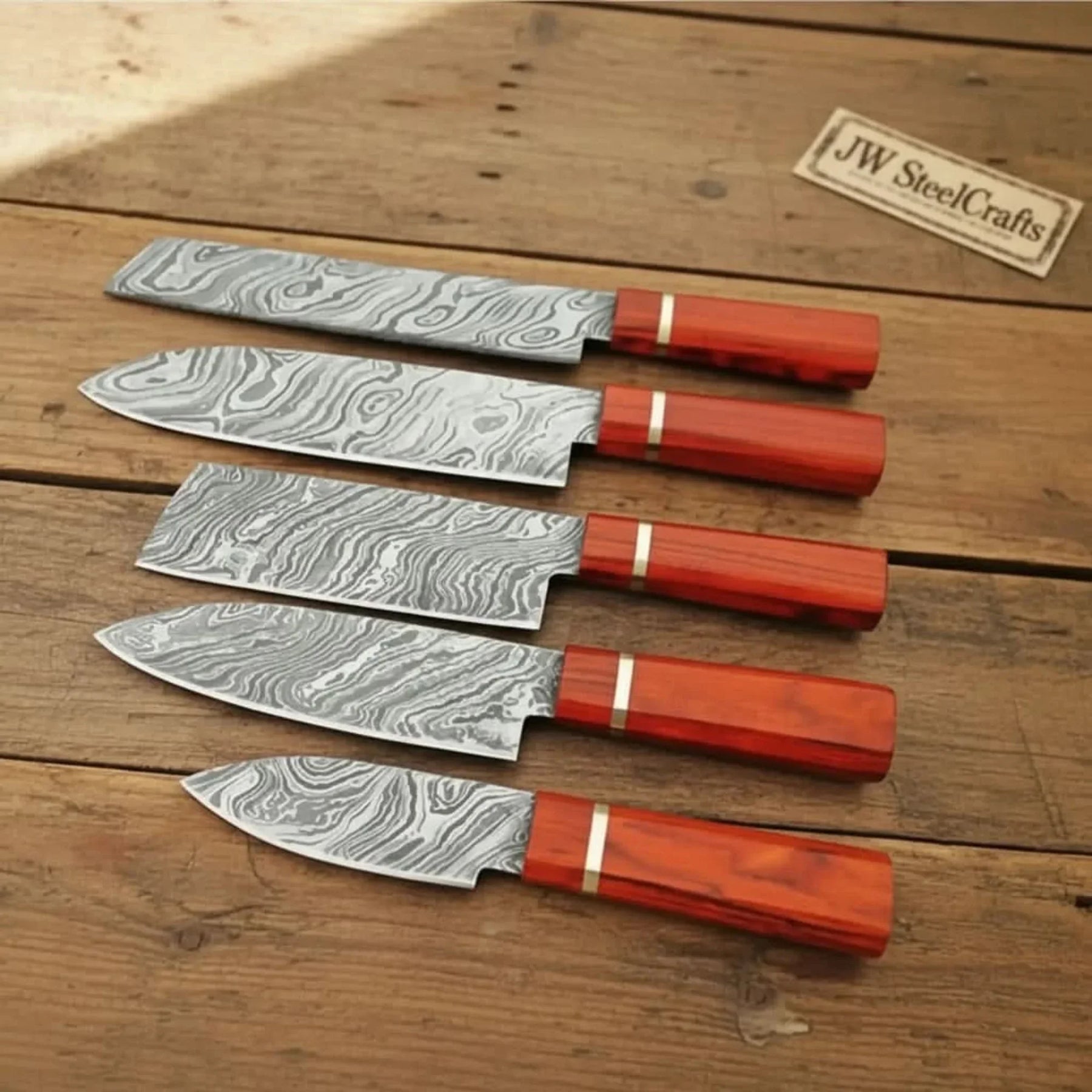 Artisan 5-Piece Damascus Chef Knife Set with Brown Pakka Wood Handles and Lanyard Holes by JW SteelCrafts