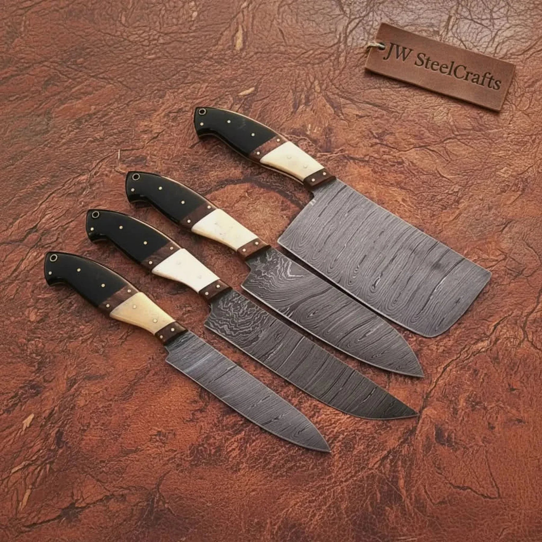 4-Piece Hand-Forged Damascus Kitchen Knife Set with Mixed Handles — Bone, Rosewood, and Black Resin Handles by JW SteelCrafts