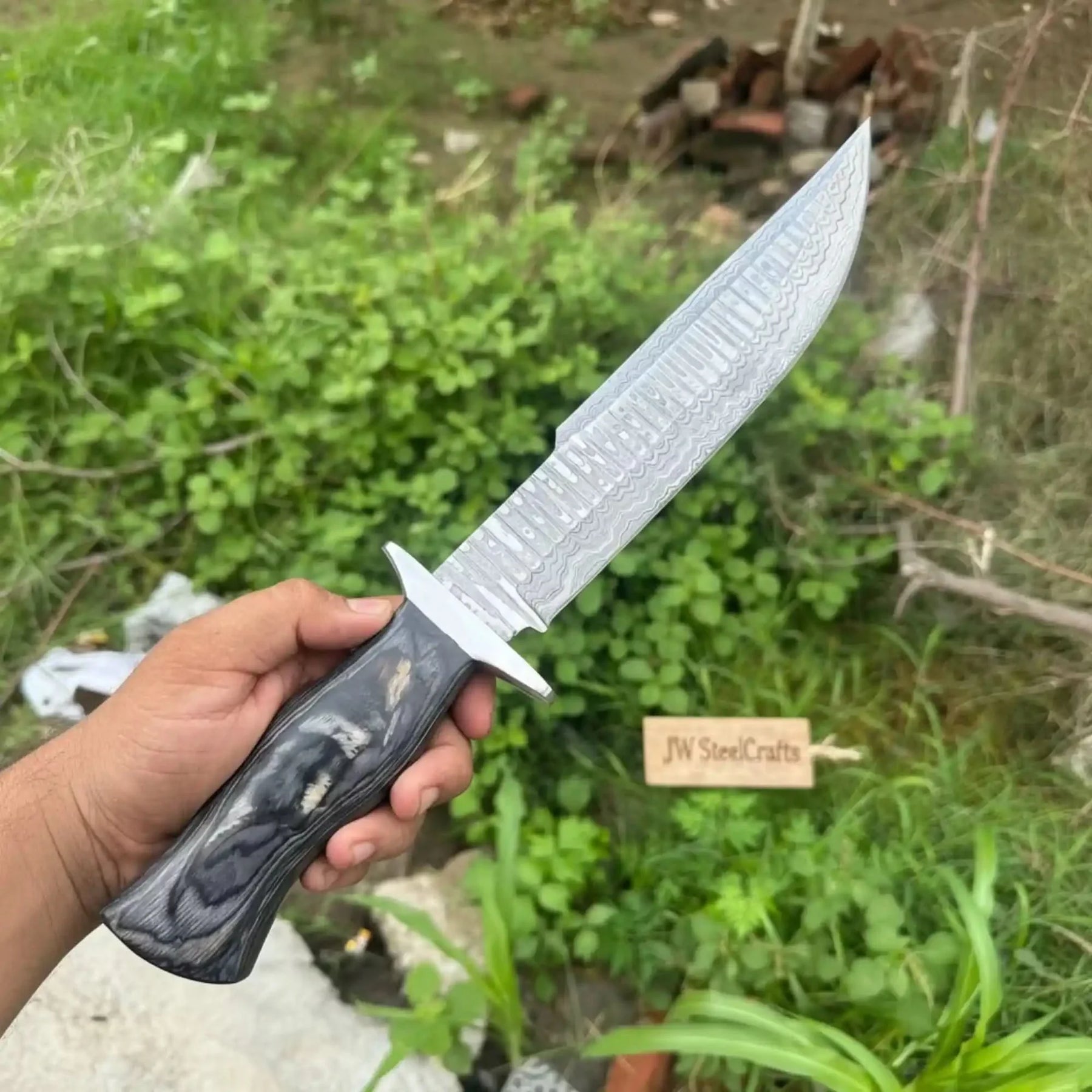 Handmade Damascus Recurve Clip Point Bowie Knife 10” Fixed Blade Outdoor Survival Knife by JW SteelCrafts, Damascus knife main product photo