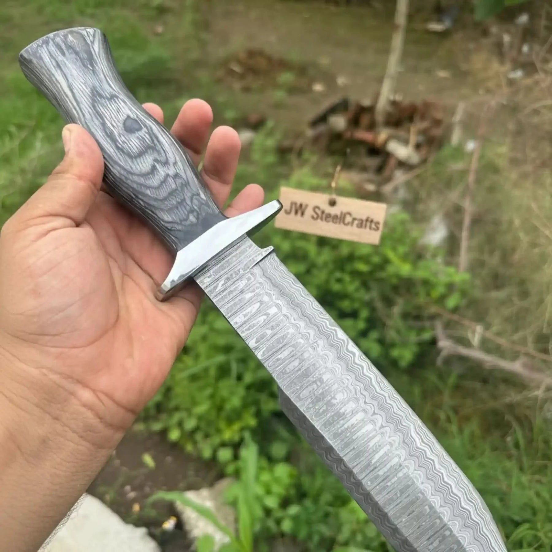 Handmade Damascus Recurve Clip Point Bowie Knife 10” Fixed Blade Outdoor Survival Knife by JW SteelCrafts, Damascus knife detail photo 3