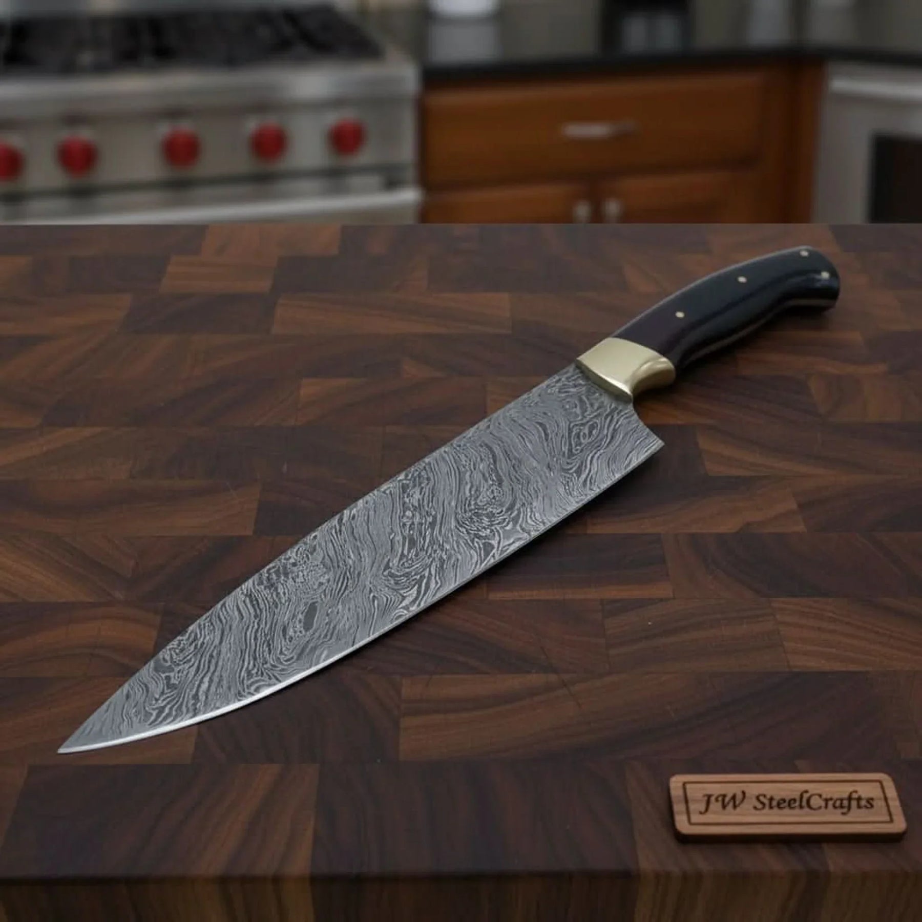 Handmade Damascus Chef Knife, Full Tang Kitchen Knife with Brass Bolster and Black Handle, Forged Damascus Steel Professional