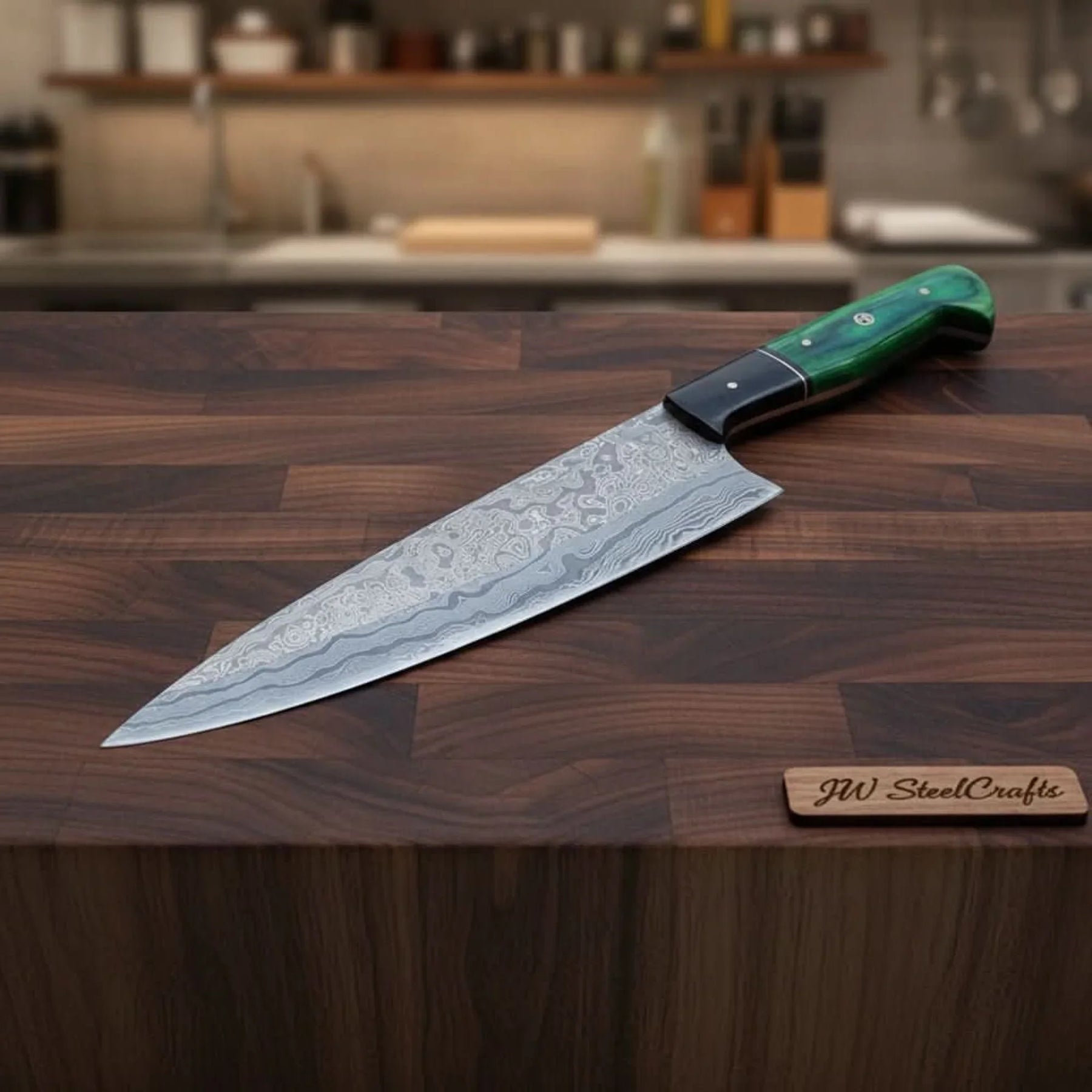 Handmade Damascus Gyuto Chef Knife, Full Tang Professional Kitchen Knife with Green Wood and Black Resin Handle, Forged