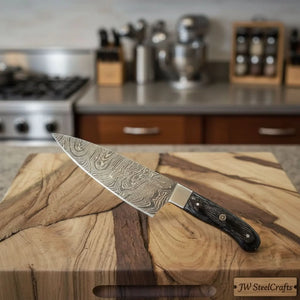 Custom Damascus Gyuto Chef Knife, Handmade Professional Cooking Knife with Steel Bolster by JW Steel by JW SteelCrafts