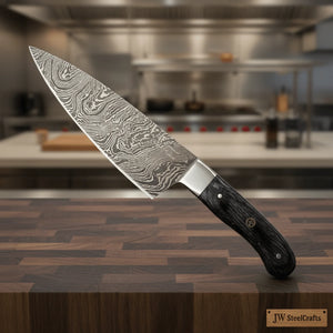 Custom Damascus Gyuto Chef Knife, Handmade Professional Cooking Knife with Steel Bolster by JW Steel detail view by JW