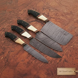 4-piece high-carbon Damascus butcher knife set – bone and horn handle with brass pins detail view by JW SteelCrafts