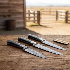 3-Piece Damascus Chef Knife Set Black Micarta with Full Tang Blades detail view by JW SteelCrafts