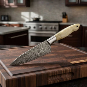 Custom Handmade Damascus Bunka Knife with Bone Handle and Steel Bolster, Hand Forged Japanese knives detail view by JW