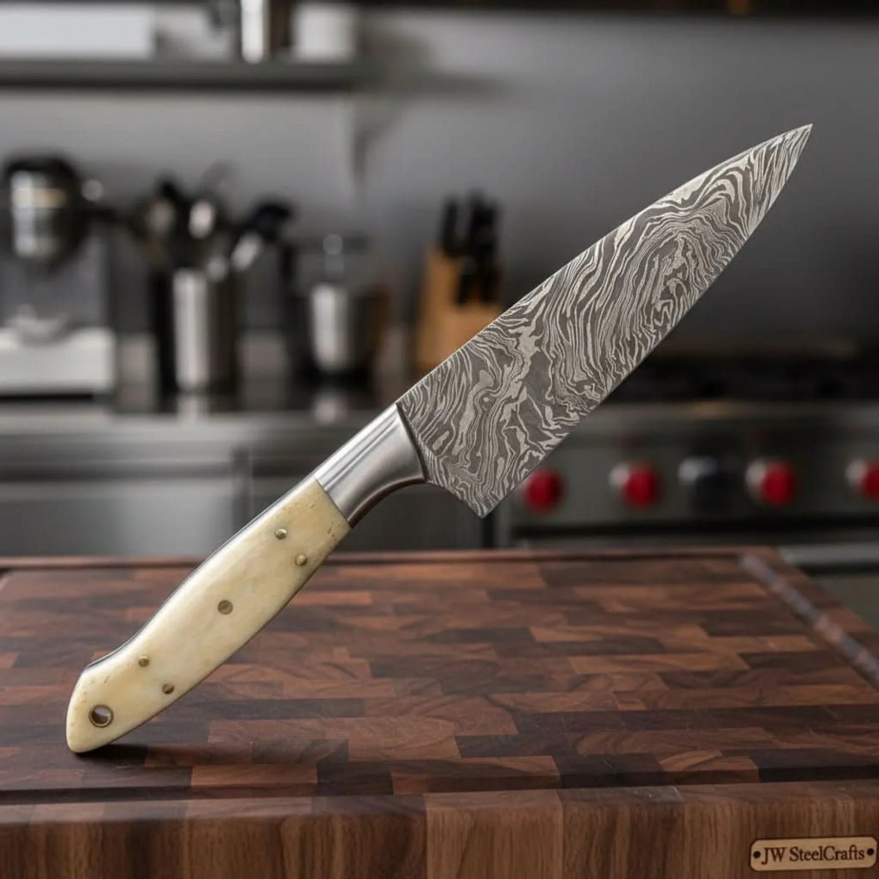 Custom Handmade Damascus Bunka Knife with Bone Handle and Steel Bolster, Hand Forged Japanese knives by JW SteelCrafts