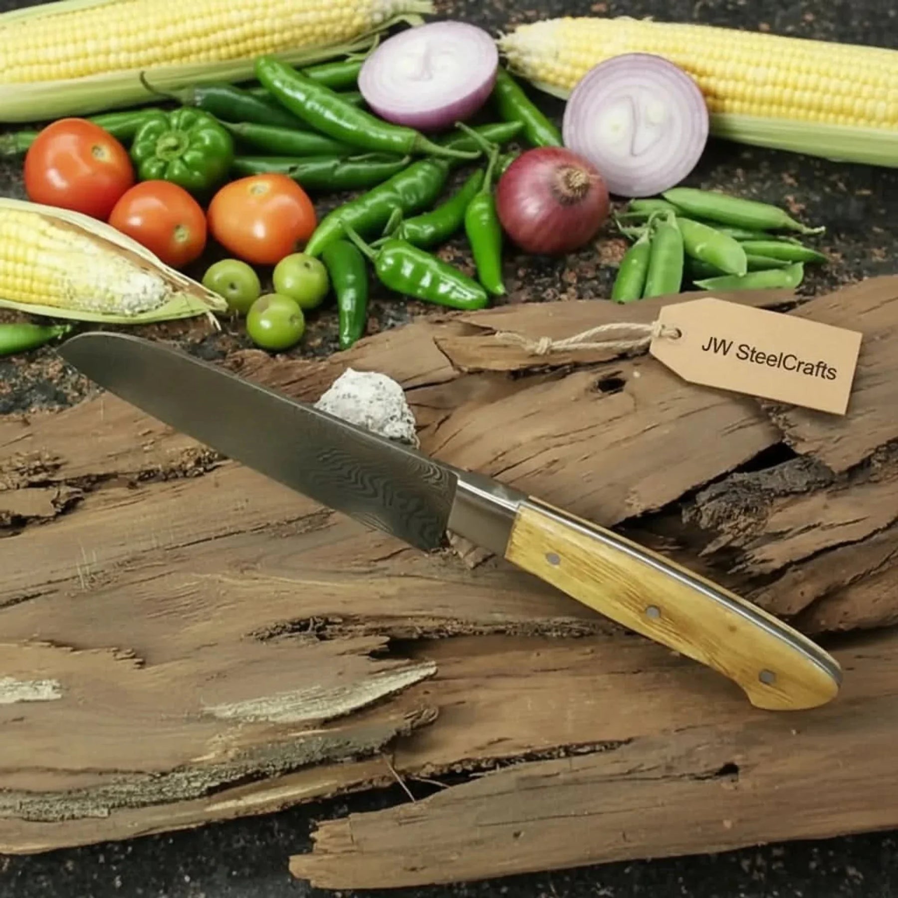 Custom Handmade Damascus Santoku Knife, Olive Wood Handle Japanese Chef Knife detail view by JW SteelCrafts