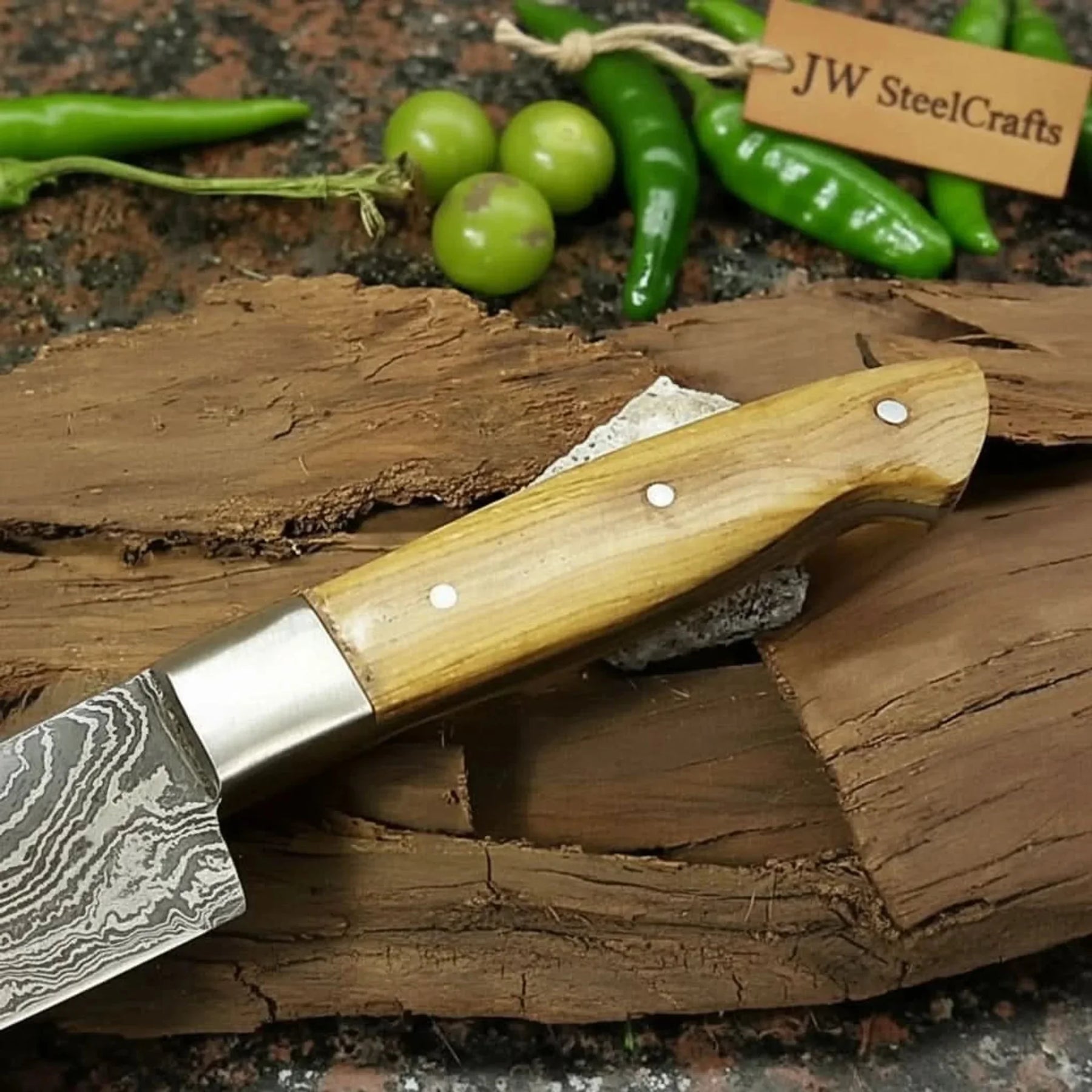 Custom Handmade Damascus Santoku Knife, Olive Wood Handle Japanese Chef Knife detail view by JW SteelCrafts