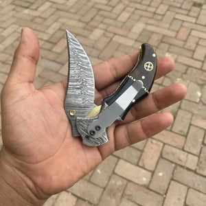 Damascus Recurve Folding Pocket Knife — Liner Lock, Black Resin & Wood Handle, Brass Spacer & Pocket Clip by JW SteelCrafts, Damascus knife detail photo 4