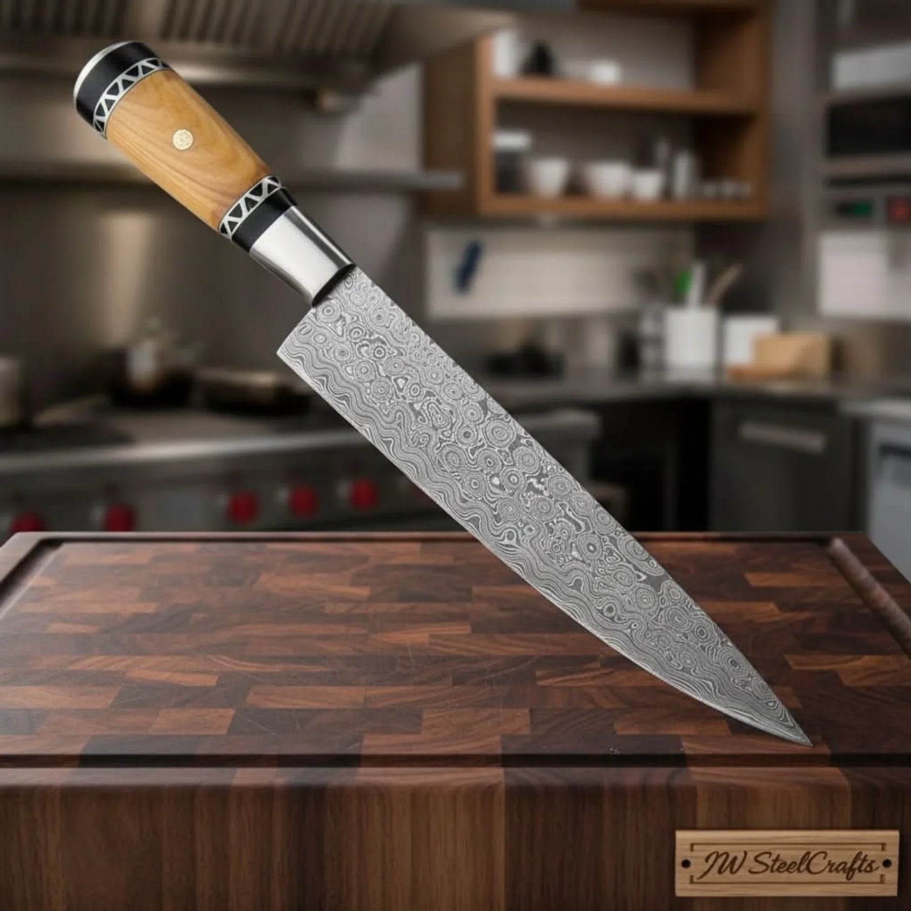 Hand-Forged Damascus Kiritsuke Chef Knife, Japanese Steel with Olive Wood Handle by JW SteelCrafts