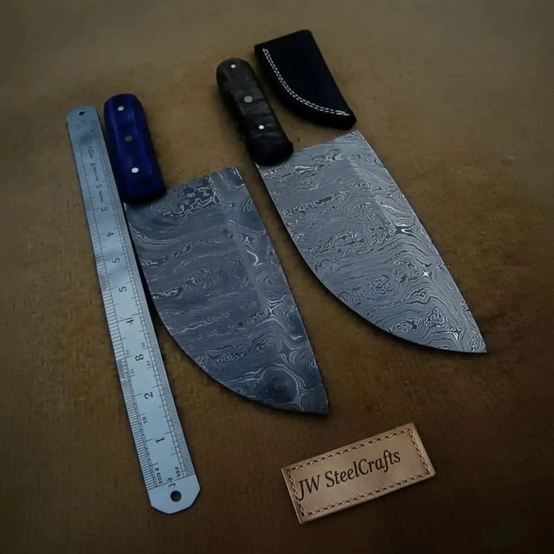 Hammer Forged Damascus Chinese Cleaver & Curved Butcher Knife Pair – Black & Blue Pakka Wood Handles by JW SteelCrafts