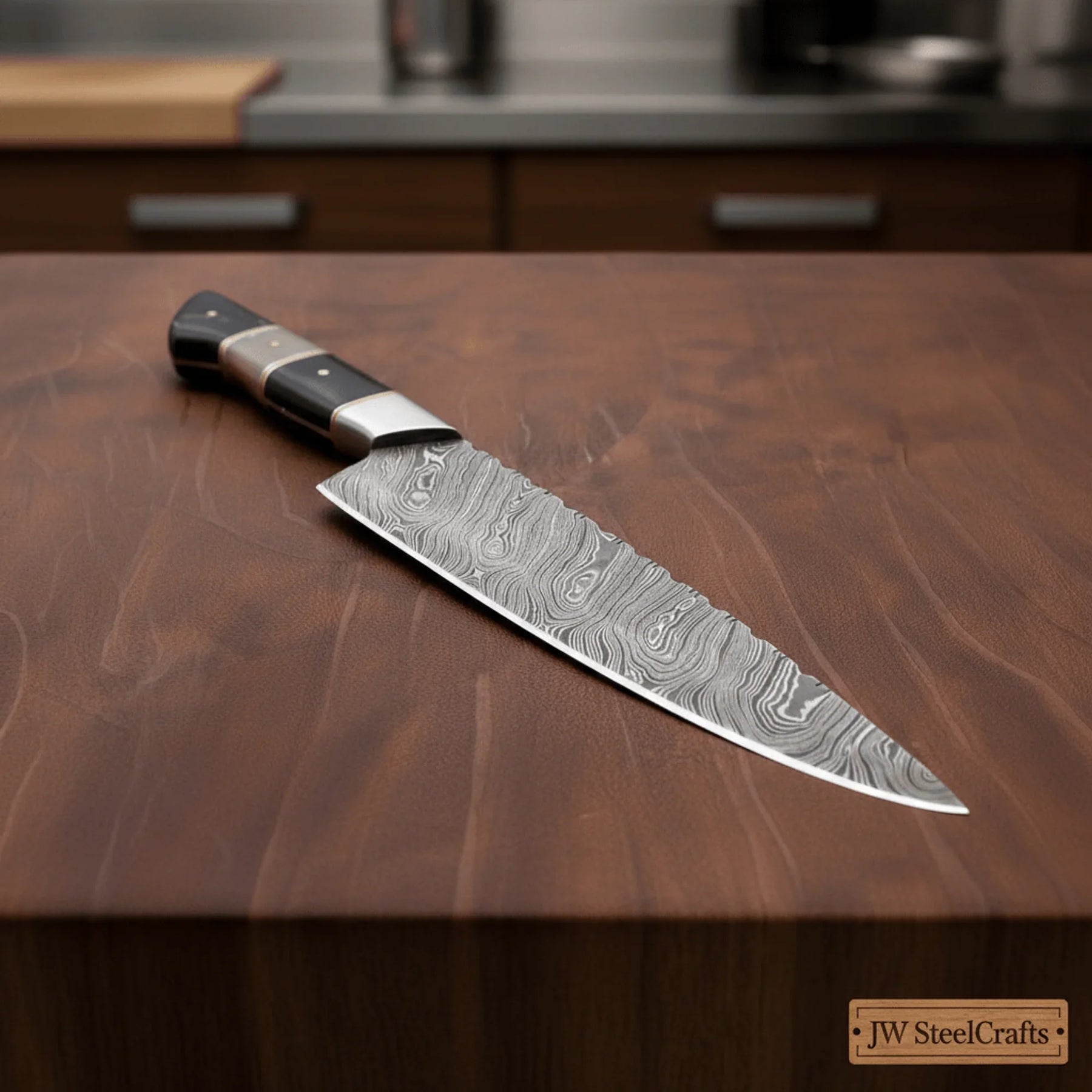 Damascus Kiritsuke Chef Knife with Raindrop Pattern Blade and Red/Black Pakka Wood Handle by JW SteelCrafts