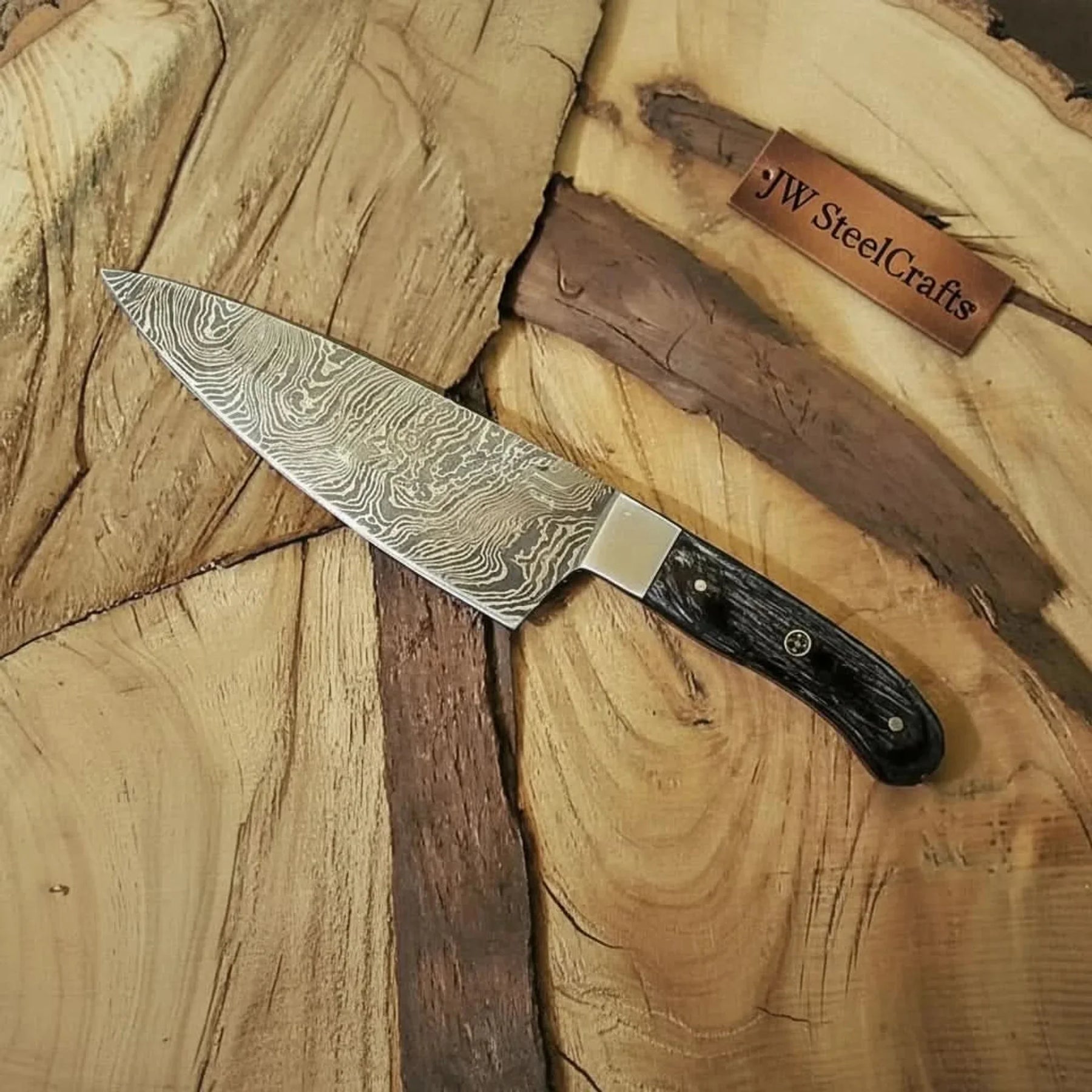 7" Gyuto Chef Knife — Twisted Pattern Damascus Steel with Black Pakka Wood Handle | JW SteelCrafts by JW SteelCrafts