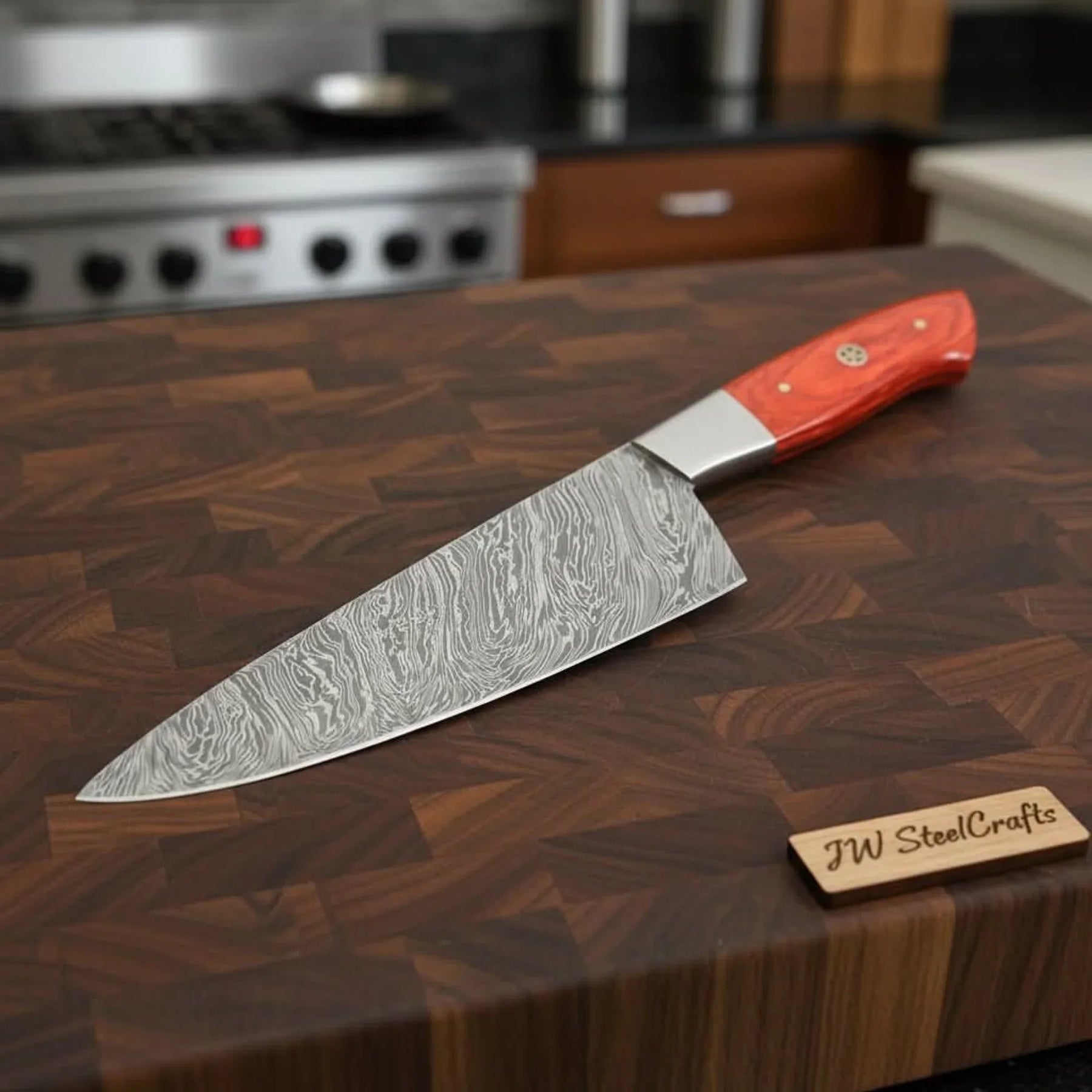 Damascus Steel Chef Knife, Orange Dyed Wood Handle, Full Tang Blade by JW SteelCrafts by JW SteelCrafts