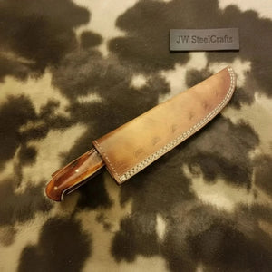 14-Inch Handmade Damascus Chef Knife – Brown Handle & Brass Bolster | Layered Damascus Blade | Hand-Stitched Leather Sheath