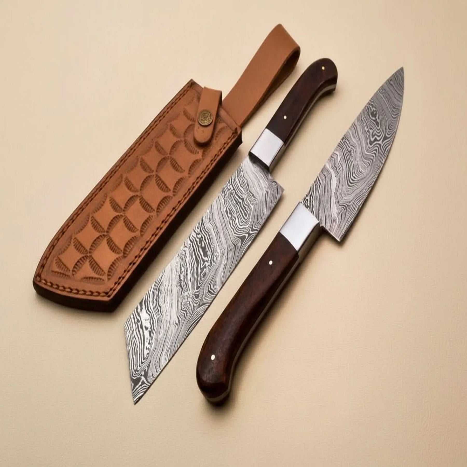 Handmade Damascus Kiritsuke Gyuto and Gyuto Knife Set of 2, Japanese Kitchen Knife Set, Forged Damascus Steel Chef Knife Set