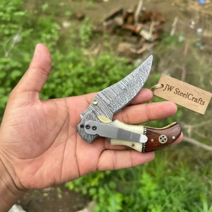 Damascus Hawkbill Folding Pruning Knife — Liner Lock, Rosewood & Bone Handle, Mosaic Pin by JW SteelCrafts, Damascus knife detail photo 2