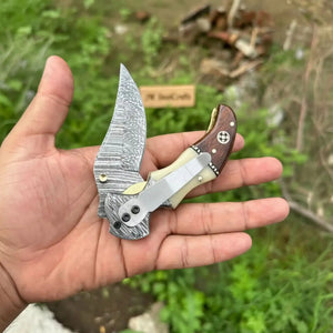 Damascus Hawkbill Folding Pruning Knife — Liner Lock, Rosewood & Bone Handle, Mosaic Pin by JW SteelCrafts, Damascus knife detail photo 3