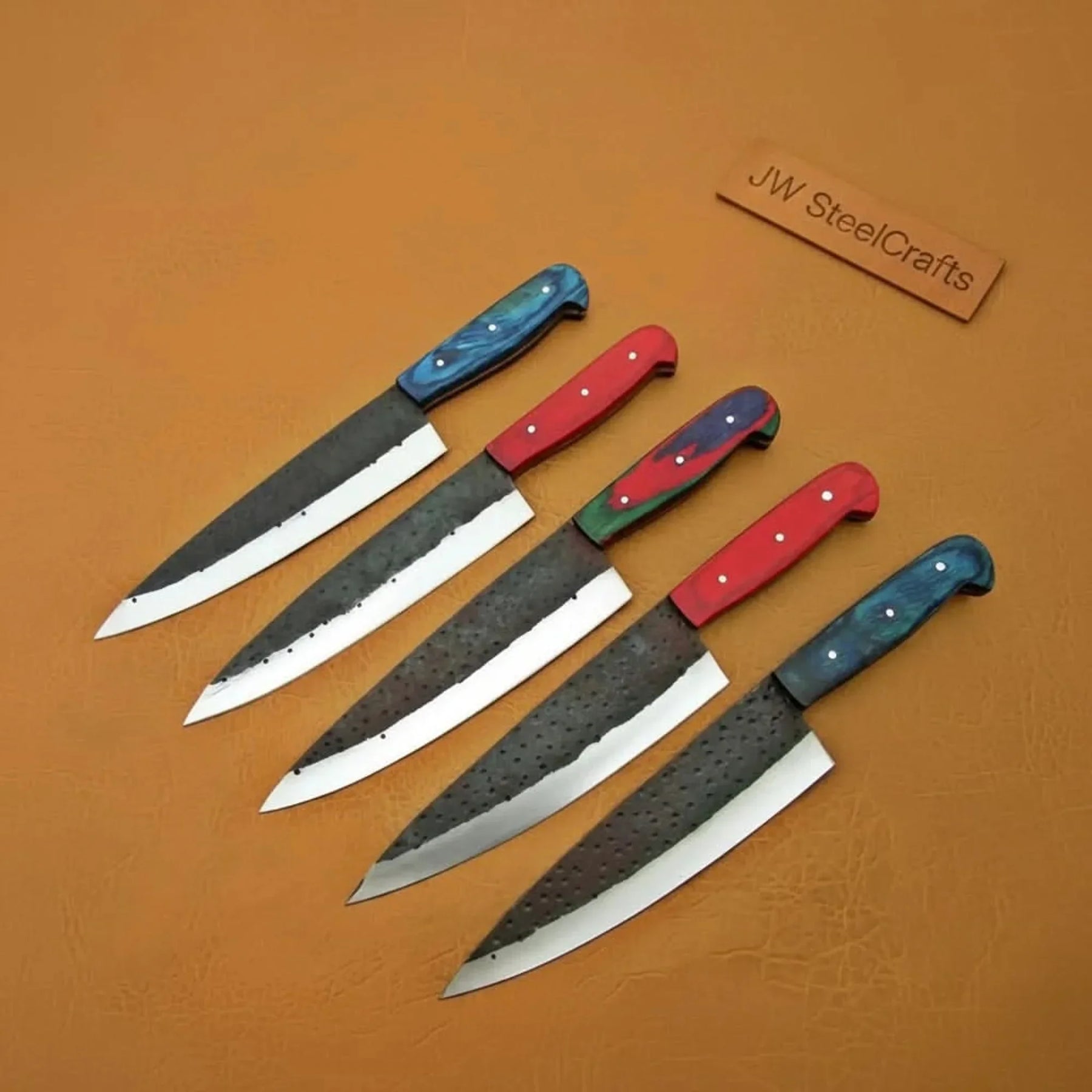 5-Piece Kurouchi Carbon Steel Knife Set with Multicolor Pakka Wood Handles by JW SteelCrafts