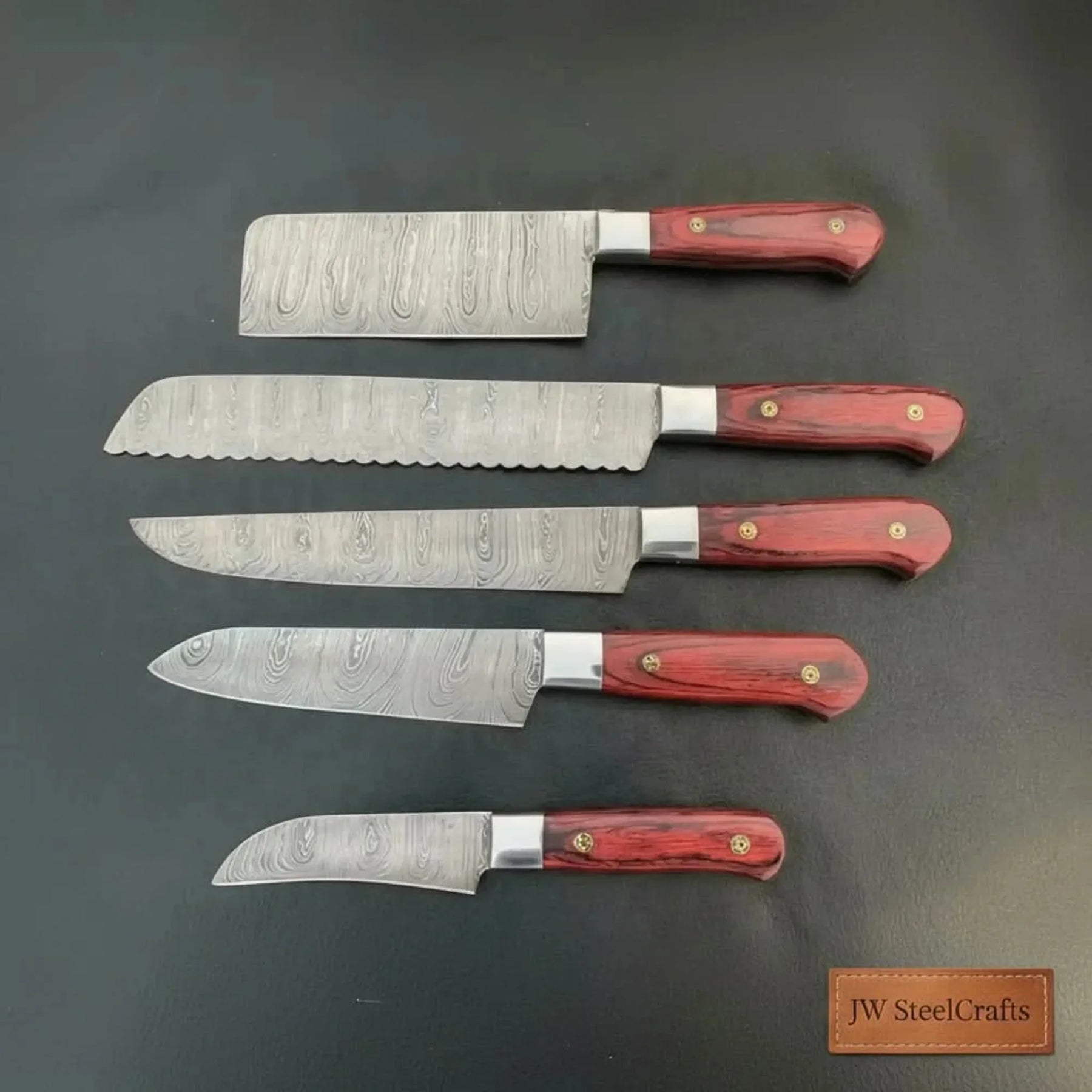 5-Piece Handcrafted Damascus Steel Knife Set: Cleaver, Bread, Chef, Utility, Paring detail view by JW SteelCrafts