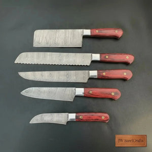 5-Piece Handcrafted Damascus Steel Knife Set: Cleaver, Bread, Chef, Utility, Paring detail view by JW SteelCrafts
