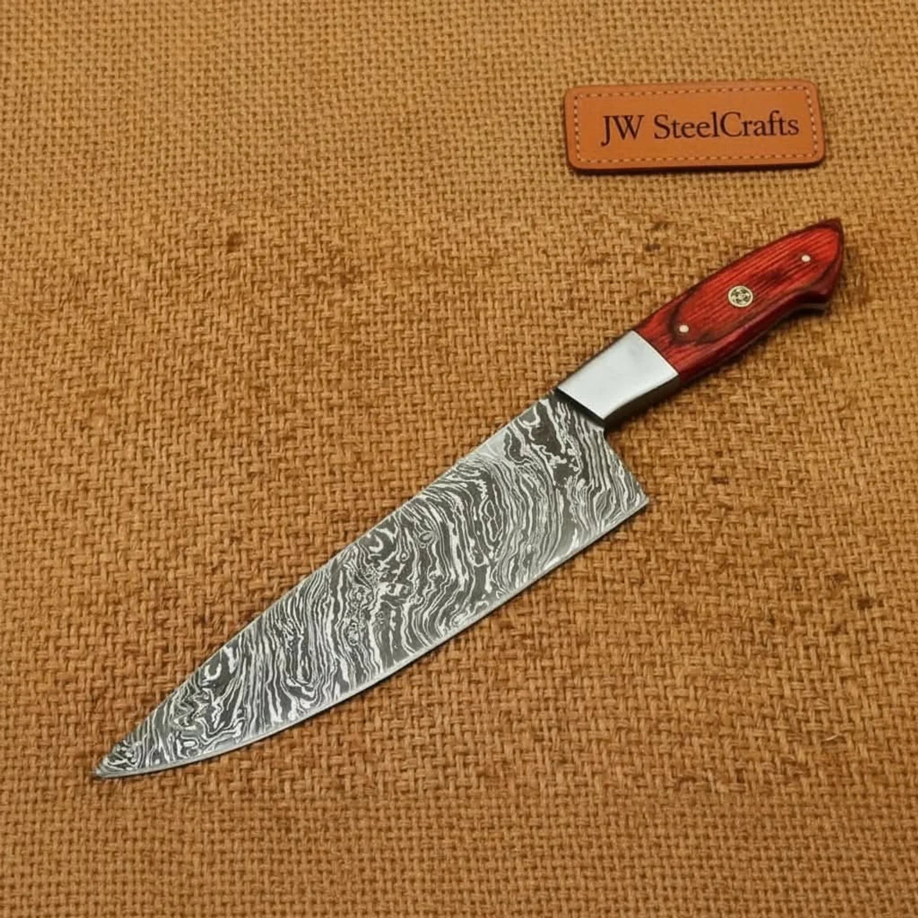 12" Professional Damascus Gyuto Chef Knife — 7" Blade, Red Pakka Wood Handle & Polished Bolster | JW SteelCrafts by JW
