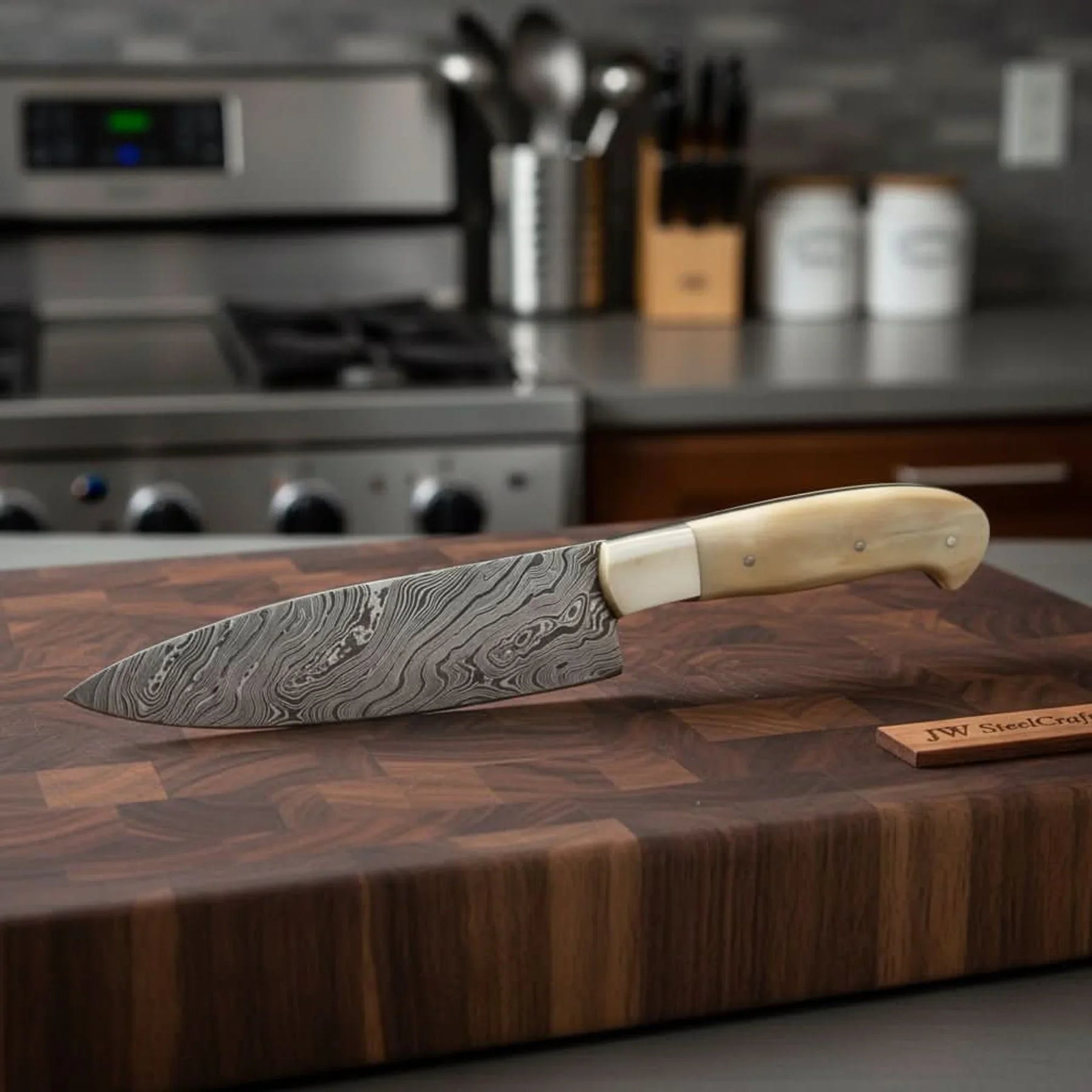 Gyuto Knife, Handmade Damascus Steel Blade, White Bone Handle with Steel Bolster, Full Tang Japanese Chef Knife, JW