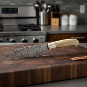 Gyuto Knife, Handmade Damascus Steel Blade, White Bone Handle with Steel Bolster, Full Tang Japanese Chef Knife, JW