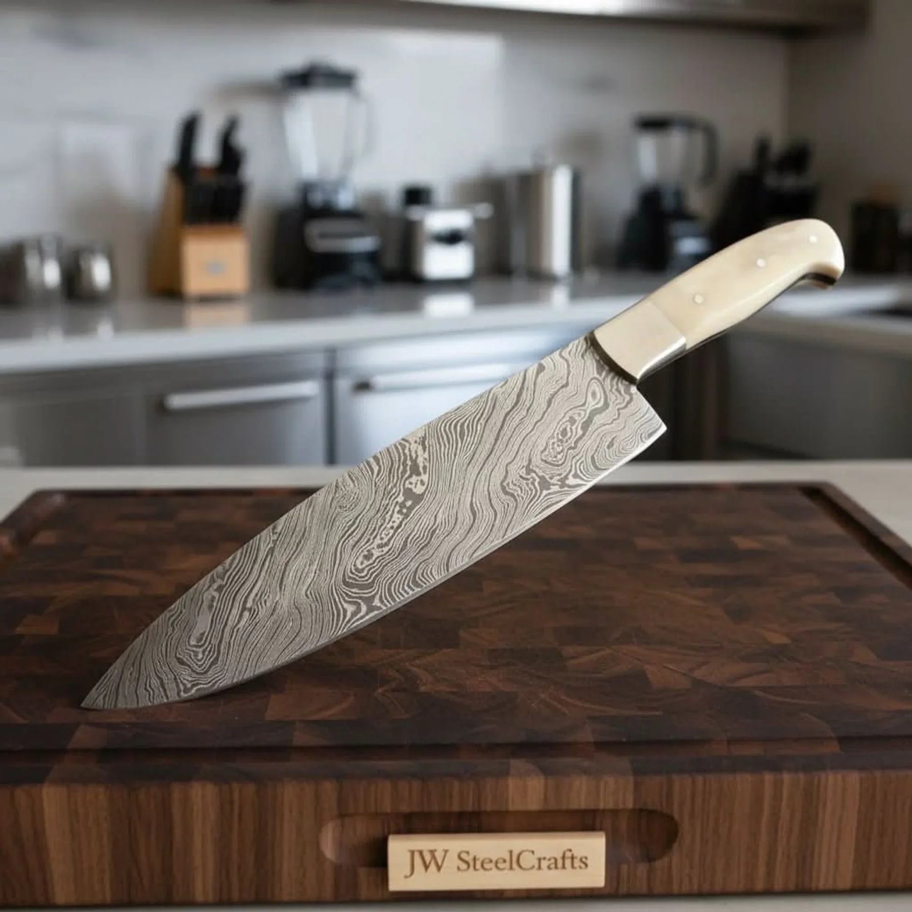 Gyuto Knife, Handmade Damascus Steel Blade, White Bone Handle with Steel Bolster, Full Tang Japanese Chef Knife, JW
