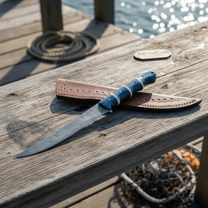 Handcrafted Damascus Steel Fish Fillet Knife with Blue Pakka Wood Handle and Leather Sheath by JW SteelCrafts