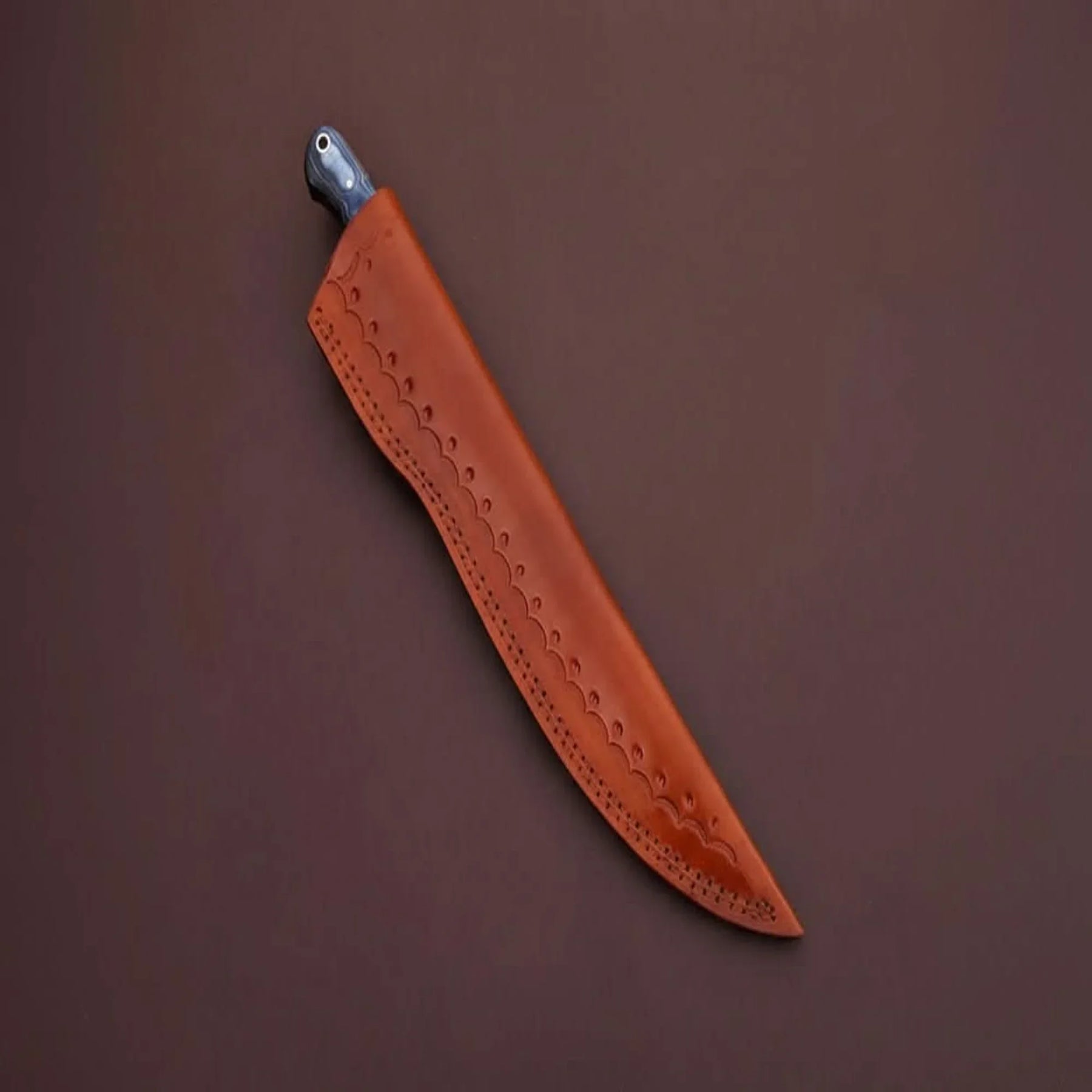 Handcrafted Damascus Steel Fish Fillet Knife with Blue Pakka Wood Handle and Leather Sheath detail view by JW SteelCrafts