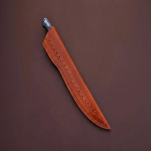Handcrafted Damascus Steel Fish Fillet Knife with Blue Pakka Wood Handle and Leather Sheath detail view by JW SteelCrafts