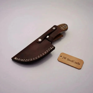 Damascus Gut hook Skinner Knife Raindrop pattern | two handle options detail view by JW SteelCrafts
