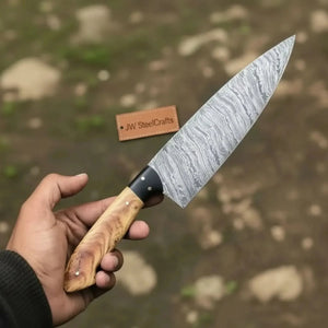 13-Inch Fire Pattern Damascus Chef Knife — Olive Wood Handle, Brass Pins & Dark Bolster | JW Steel Crafts detail view by JW