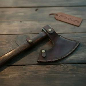 Handmade Damascus Steel Bearded Viking Axe with Hardwood Handle – Custom Forged Norse Camp Axe | JW SteelCrafts detail view