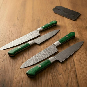 6-Piece Damascus Kitchen Knife Set with Green Wood Handle detail view by JW SteelCrafts