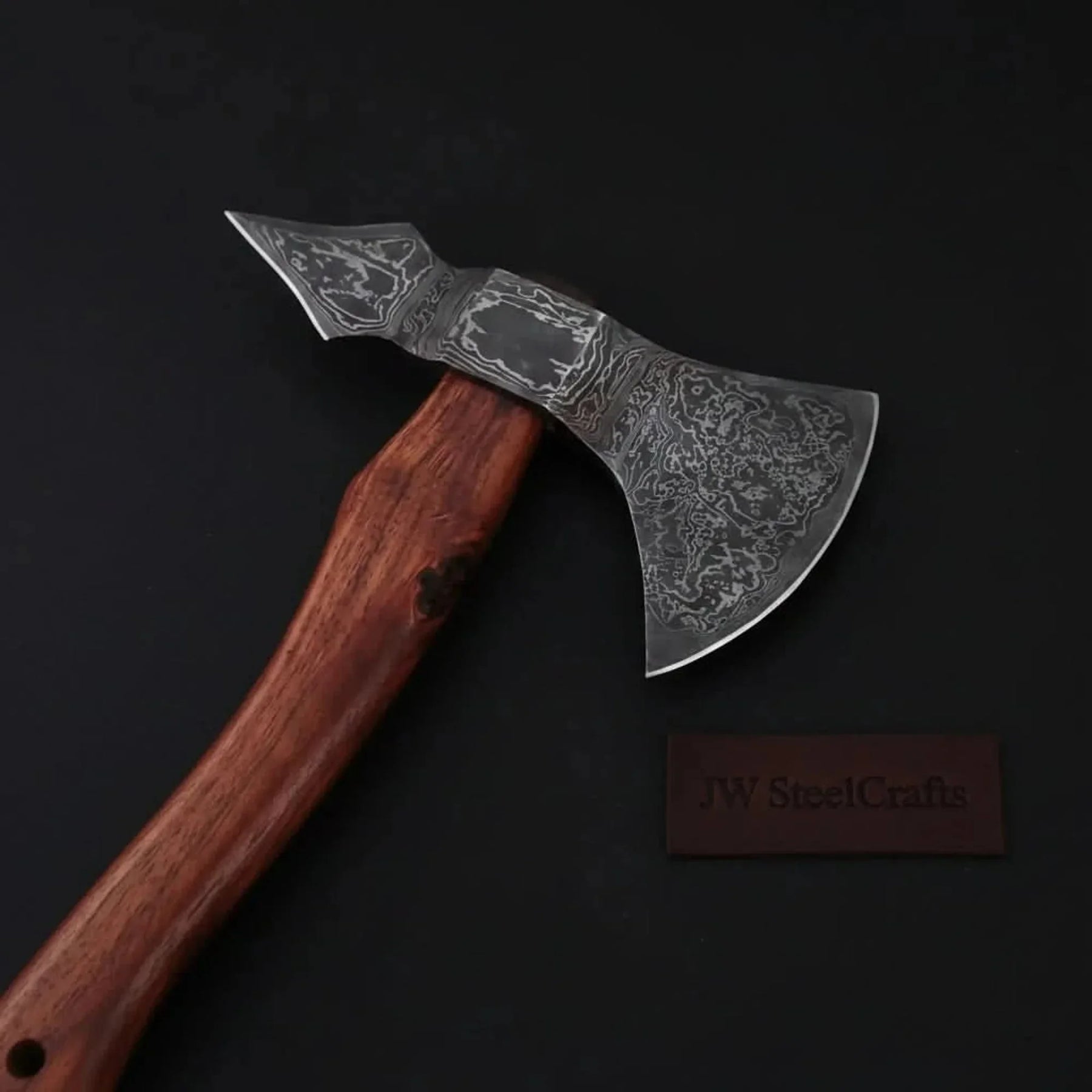 Double-Bit Damascus Axe Head with Rear Spike Variant by JW SteelCrafts