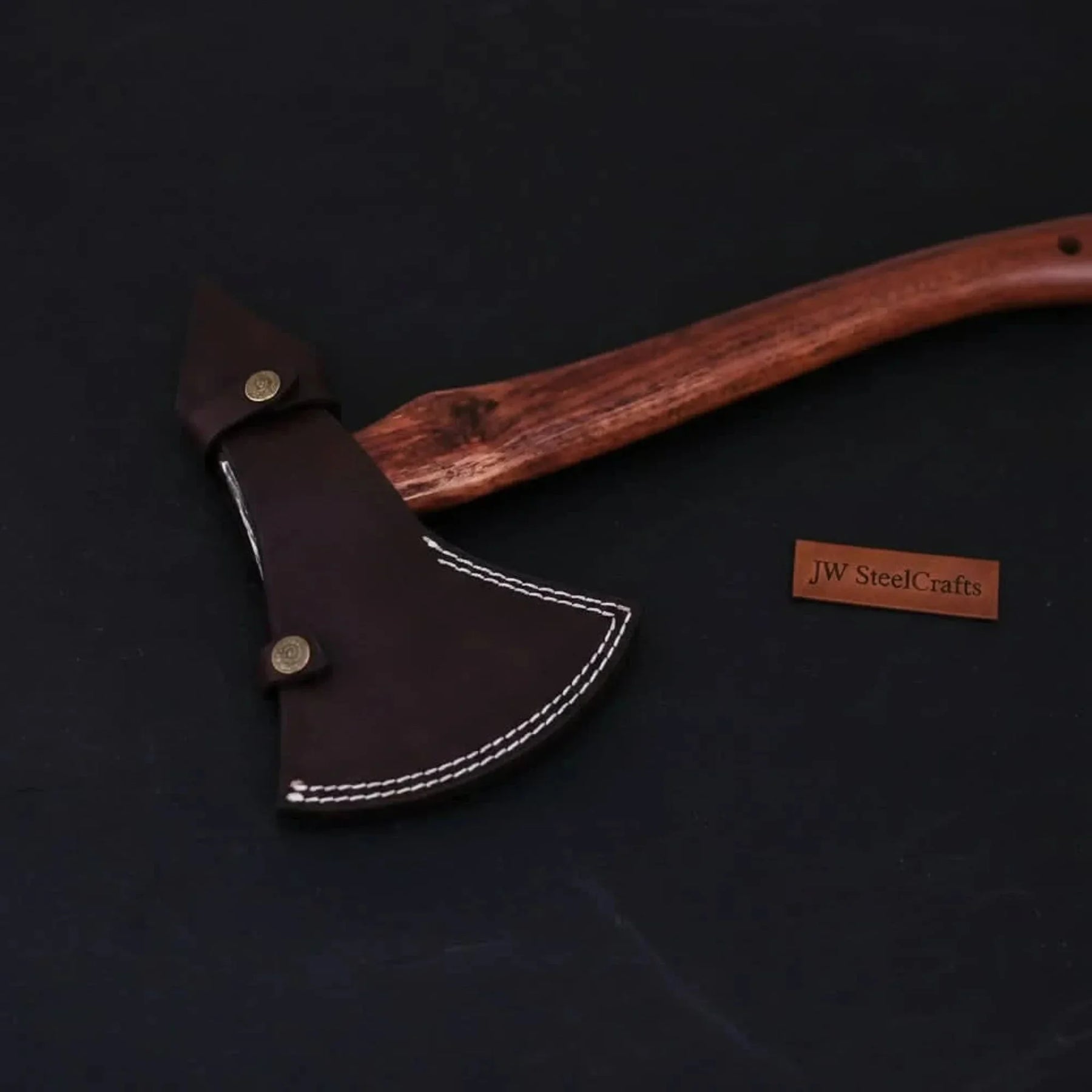 Double-Bit Damascus Axe Head with Rear Spike Variant detail view by JW SteelCrafts