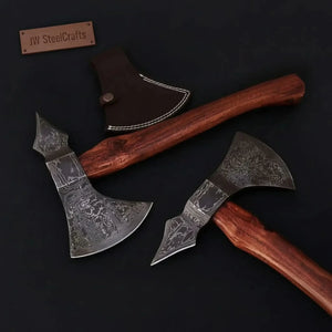 Double-Bit Damascus Axe Head with Rear Spike Variant detail view by JW SteelCrafts