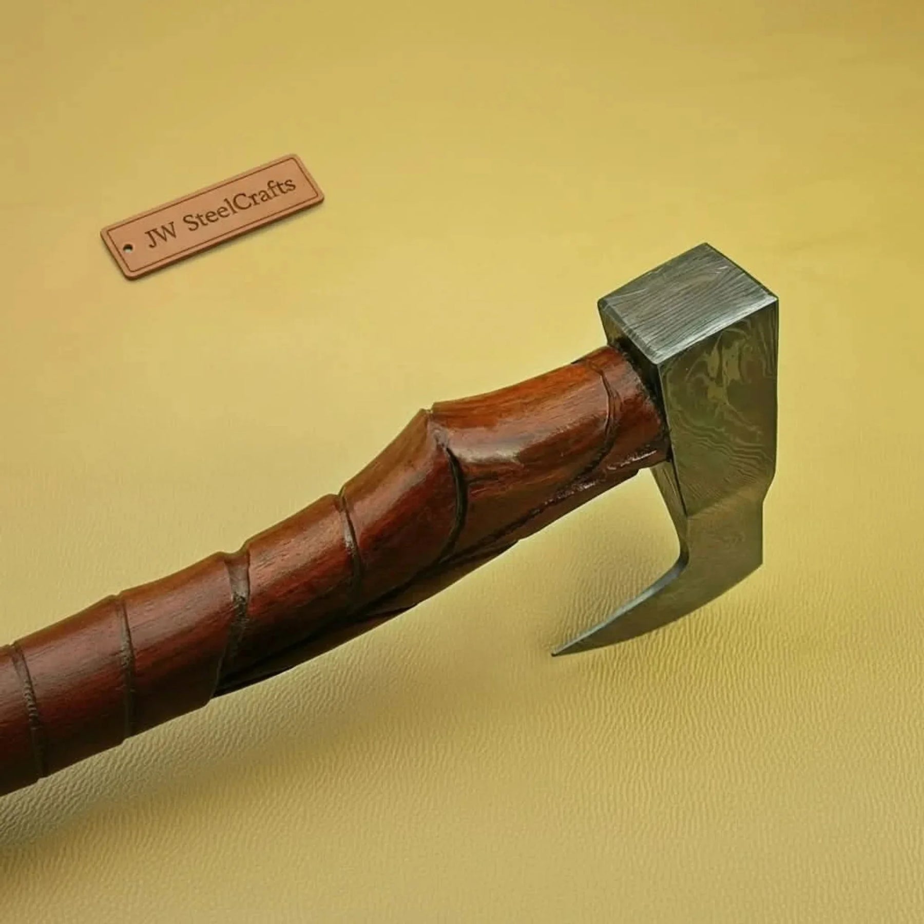 Custom Handmade Damascus steel Viking axe With Pure Leather sheath detail view by JW SteelCrafts